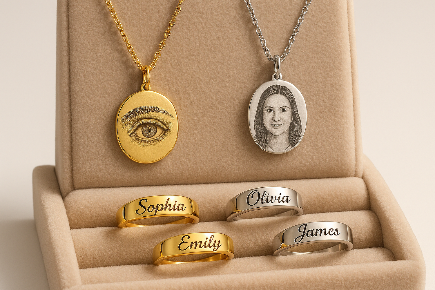 customize eye engraving necklaces, picture engraving on pendent and name customize on rinhs